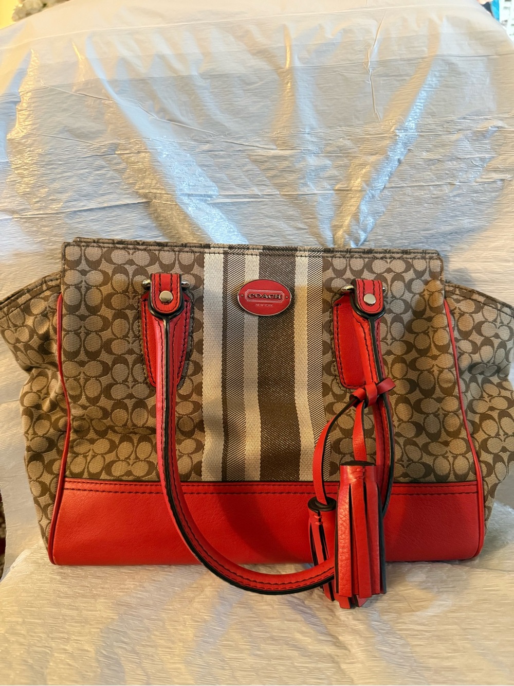 COACH Bag Legacy Stripe Candace Carryall Tote Khaki & Carnelian Red w/Tassel